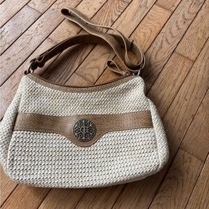 Woven Straw Shoulder Bag with Brown Trim